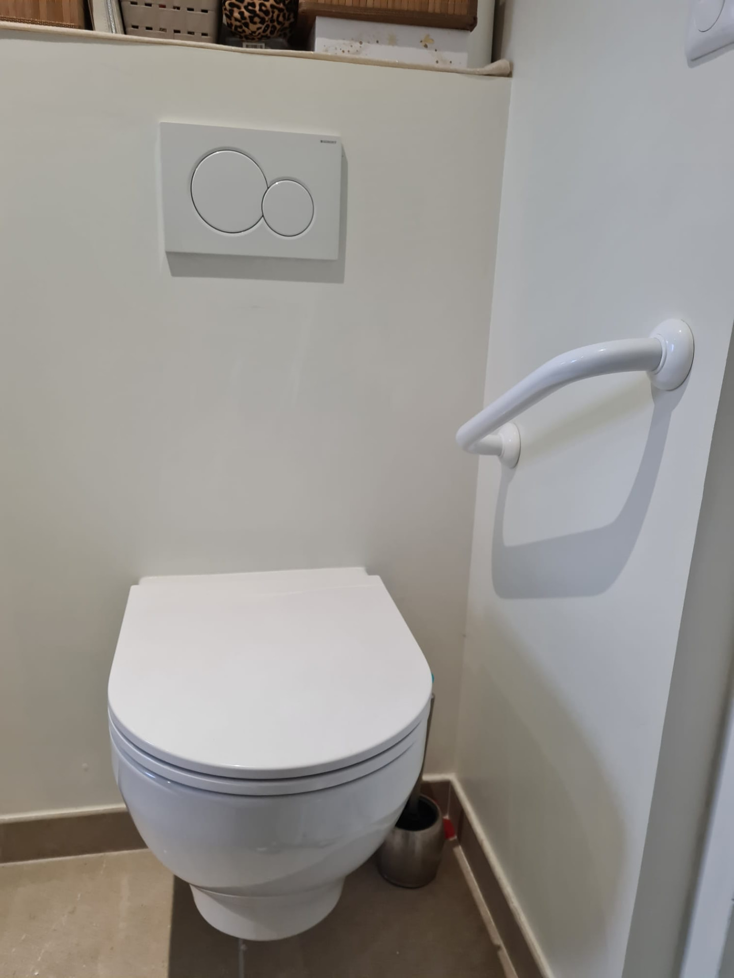 WC suspendu Geberit — plaque de commande double débit et barre d'appui